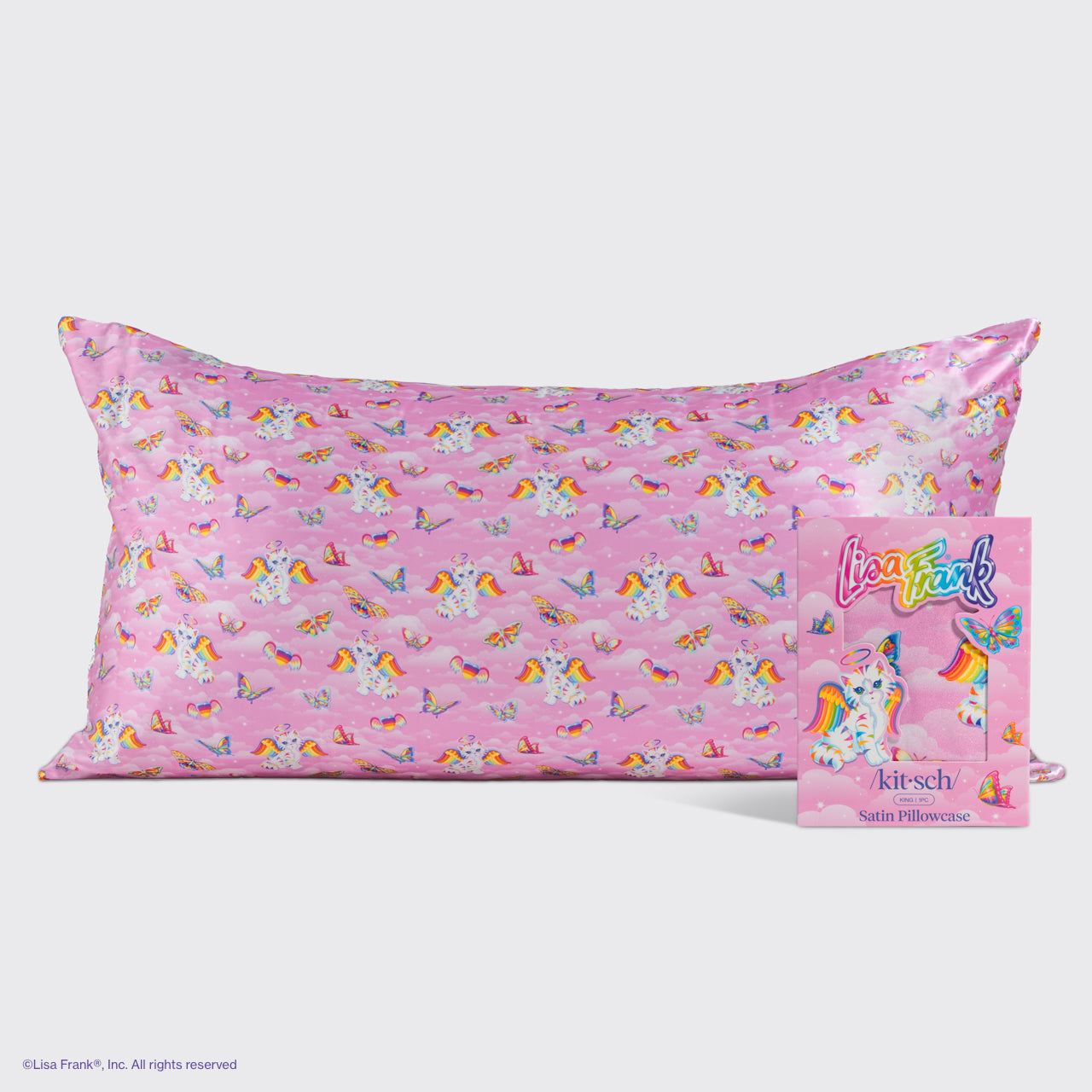 🏆 Best Seller | Lisa Frank x Kitsch Satin Pillowcase in Angel Kitty 2 Pack - King - Fast Delivery