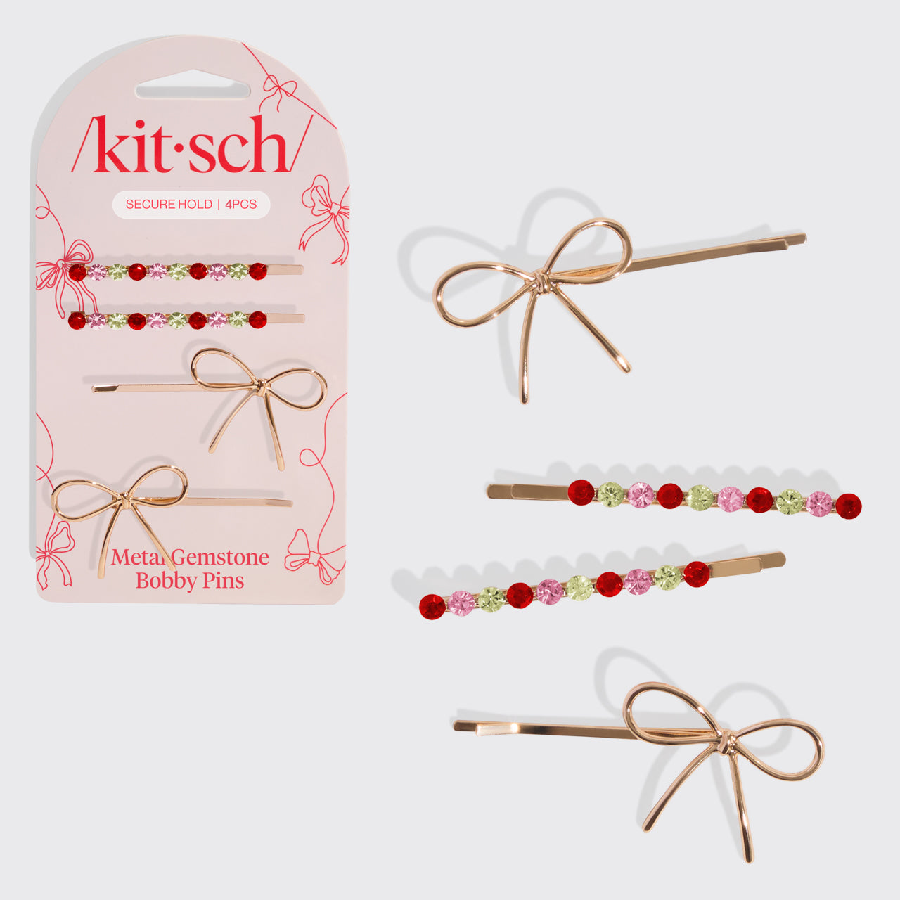 ⏳ Limited Edition | Red, Pink, & Green Gemstone and Bow Bobby Pins - Fast Delivery
