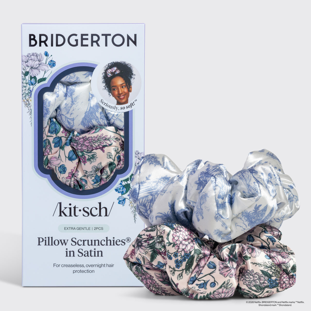 ✨ Must Have | Bridgerton x Kitsch Satin Pillow Scrunchies in Toile in Bloom - Premium Quality