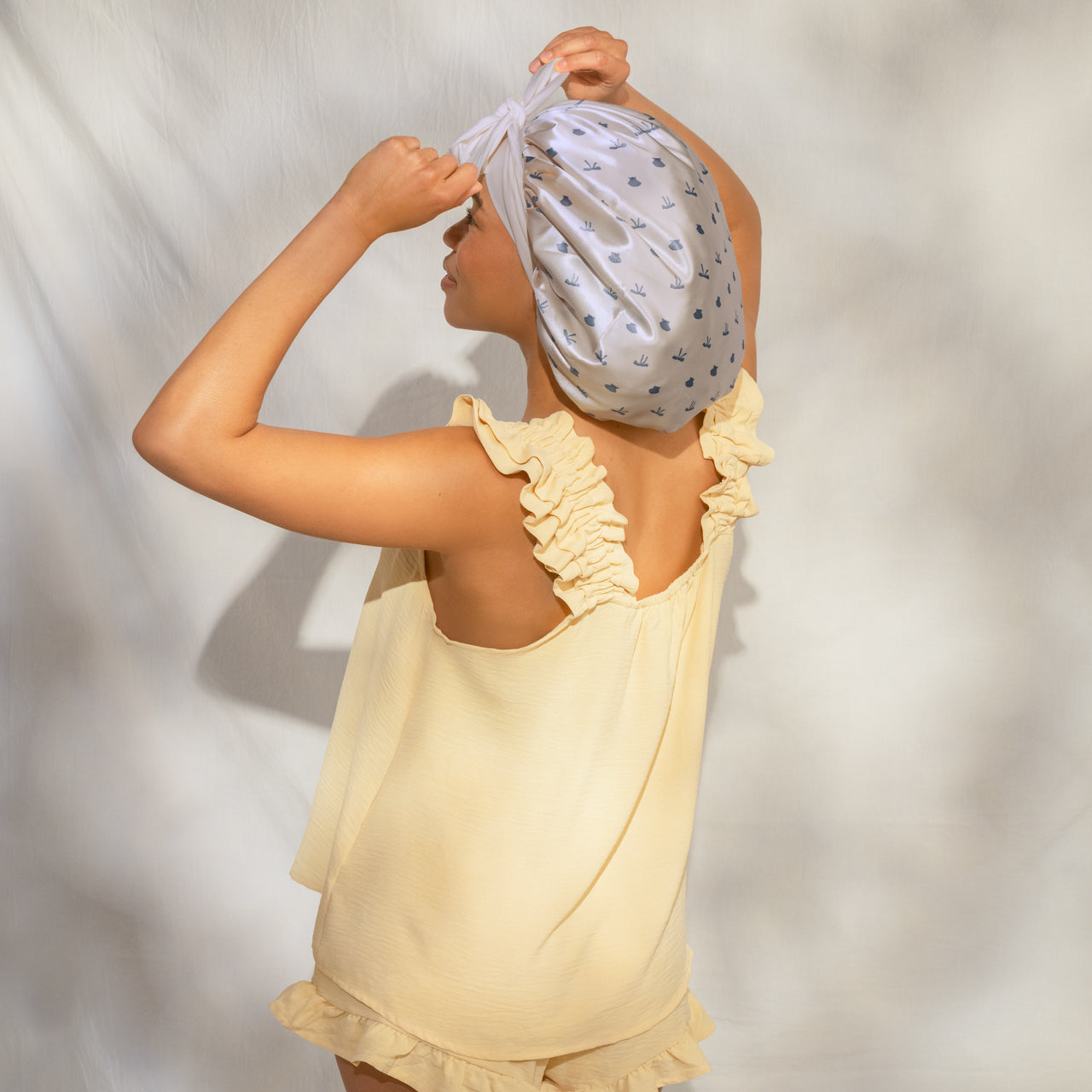 ๐ Best Seller | Pearlized Cream & Coastal Blue Print Oversized Satin Bonnet - Special Deal Today - Image 3