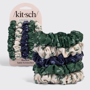 🔥 Hot Sale | Cream, Court Green & Navy Blue Ruched Satin Scrunchies 5pc Set - Premium Quality