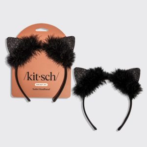 💎 Premium | Black Glitter Satin Cat Ears Headband - Premium Quality