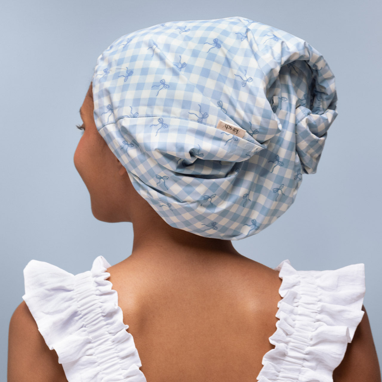 ⏳ Limited Edition | Gingham Blue Satin Lined Flexi Shower Cap - 60% Off - Image 4