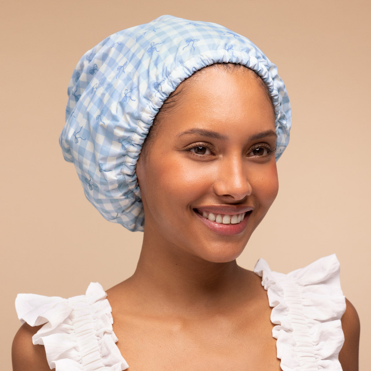 ⏳ Limited Edition | Gingham Blue Satin Lined Flexi Shower Cap - 60% Off - Image 2
