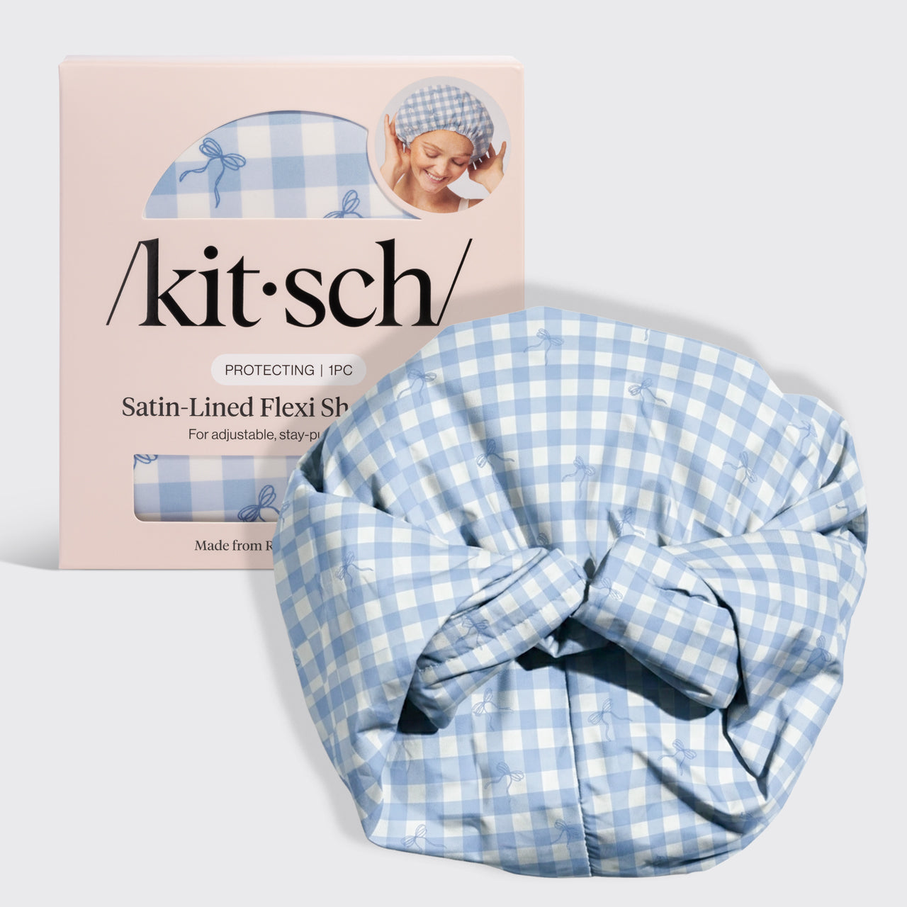 ⏳ Limited Edition | Gingham Blue Satin Lined Flexi Shower Cap - 60% Off