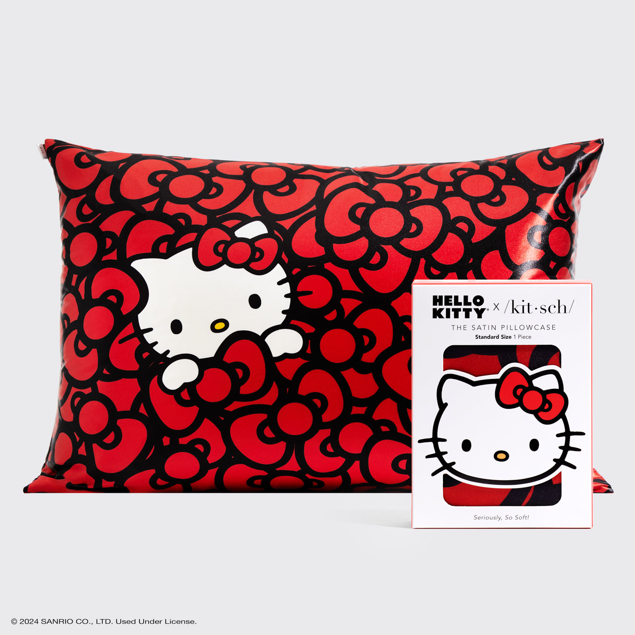 ⭐ Top Rated | Kitsch x Hello Kitty Satin Pillowcase in Kitty Bathes in a Sea of Bows - 60% Off