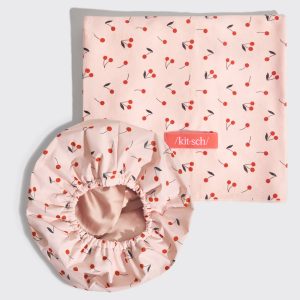 ✨ Must Have | Cherry Print Satin Lined Flexi Shower Cap XL Hair Towel Bundle - 60% Off