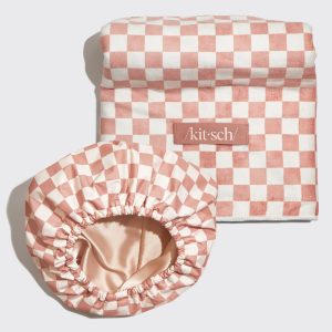 🔥 Hot Sale | Terracotta Checker Satin Lined Flexi Shower Cap XL Hair Towel Bundle - Special Deal Today
